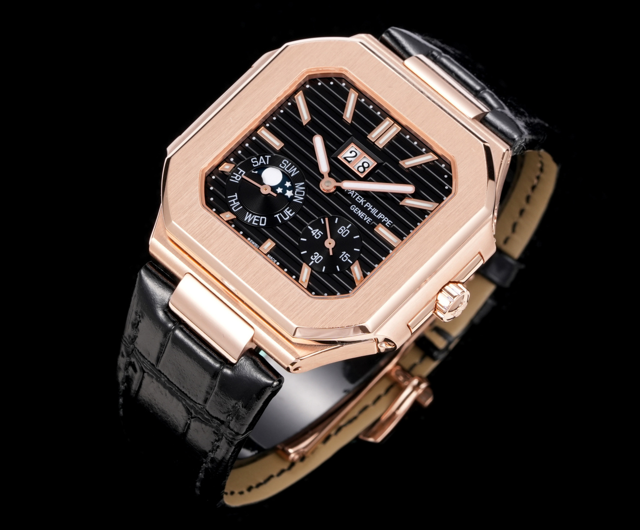 Square Nautilus-inspired 5822 Black Sunburst Annual Calendar Rose Gold Leather Strap Super Clone