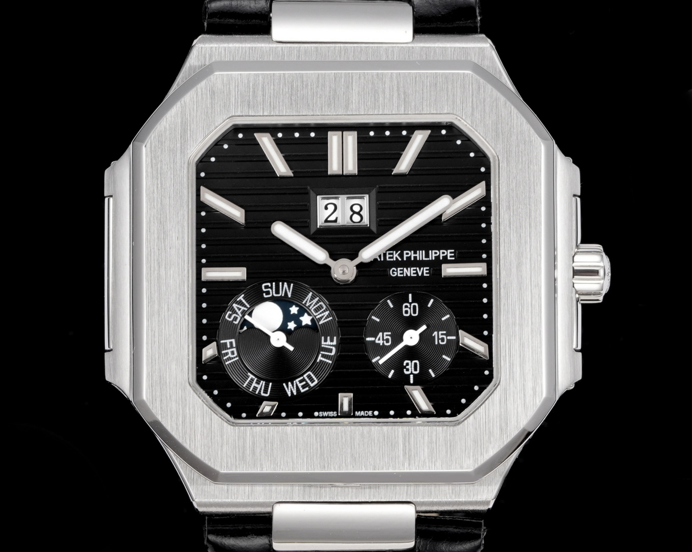 Square Nautilus-inspired 5822 Black Sunburst Annual Calendar Steel Leather Strap Super Clone