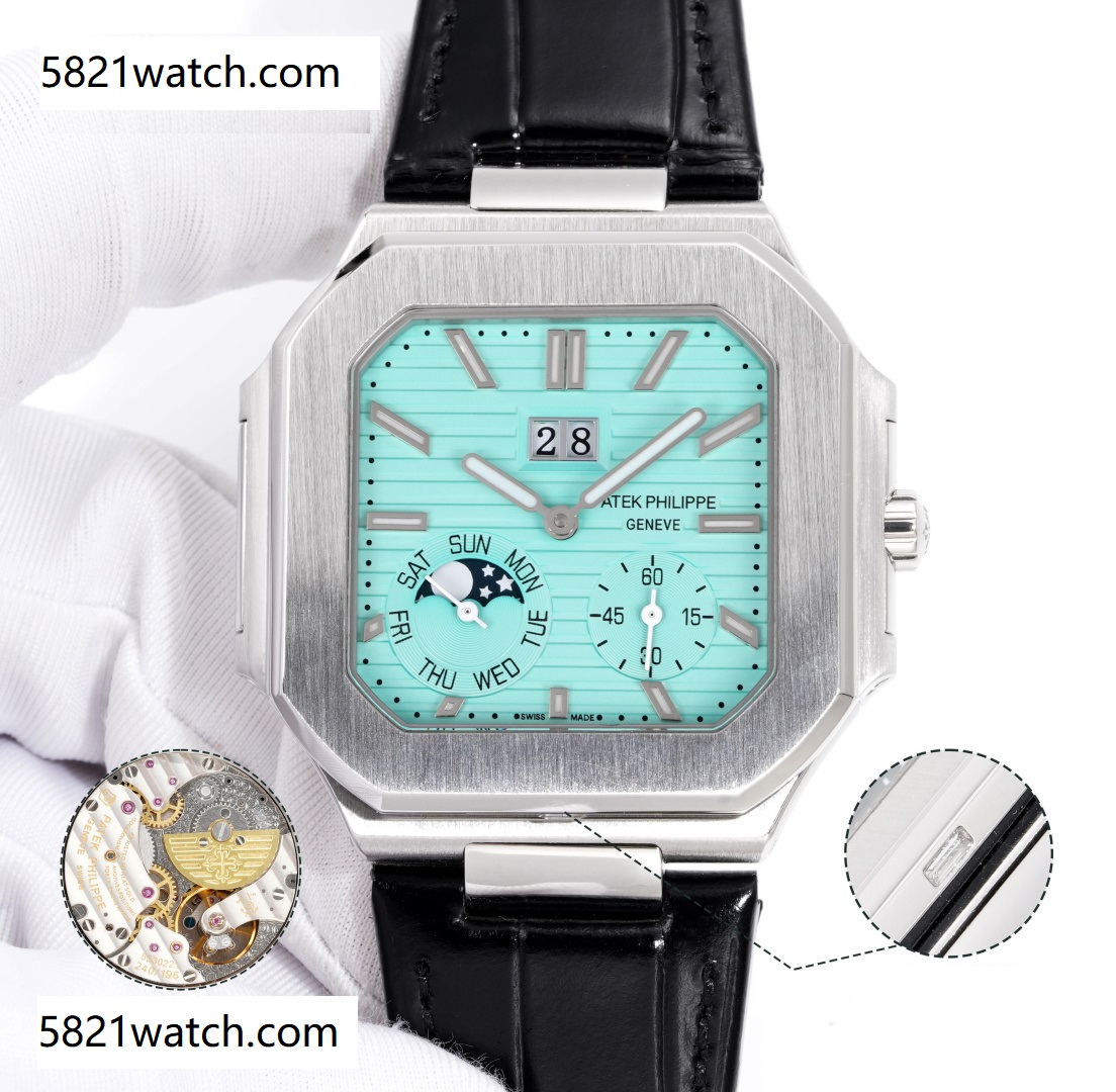 Square Nautilus-inspired 5822 Tiffany Blue Sunburst Annual Calendar Steel Leather Strap Super Clone