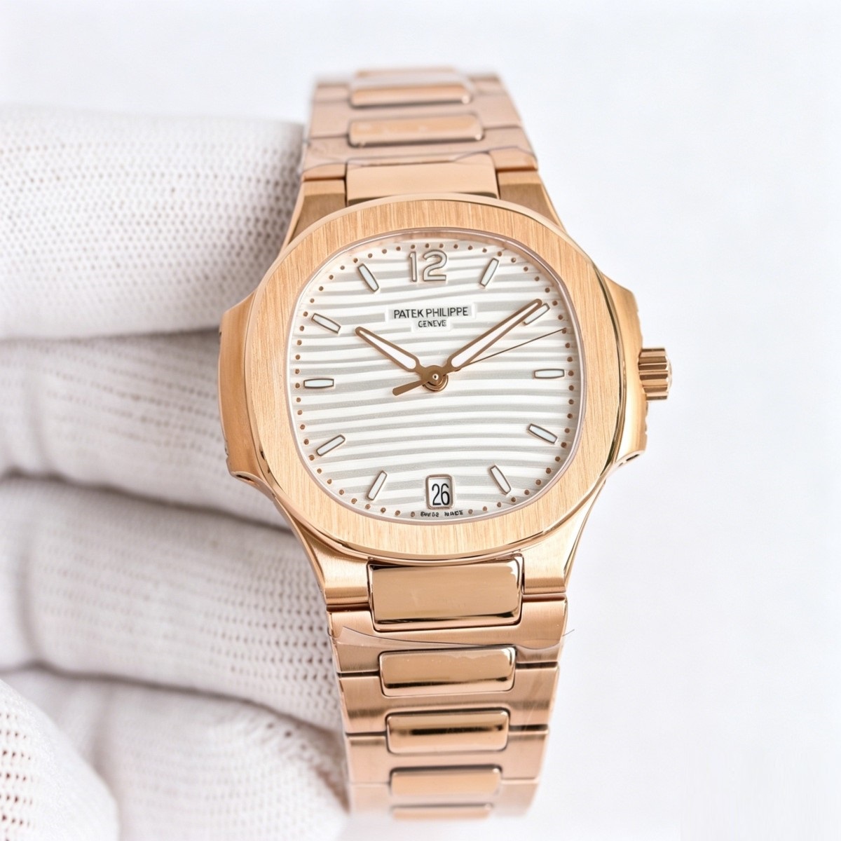 Rose Gold Ladies Watch with Silvery Striped Dial | Nautilus-Inspired Integrated Elegance