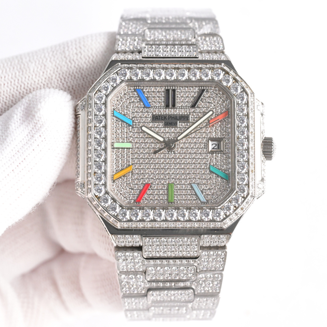 Square Nautilus-inspired 5821 Rainbow Hour Markers Full Pavé Diamond Super Clone