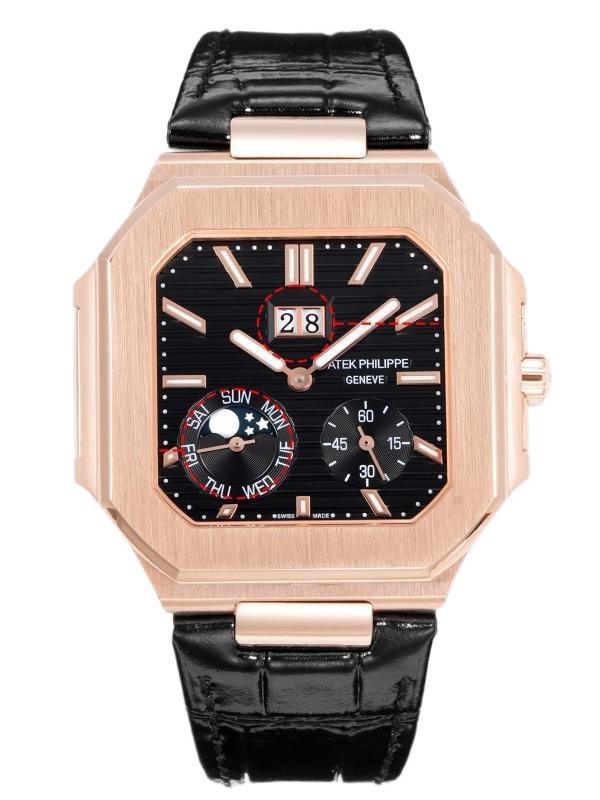 Square Nautilus-inspired 5822 Black Sunburst Annual Calendar Rose Gold Leather Strap Super Clone