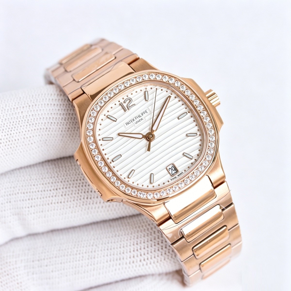 Diamond Bezel Rose Gold Ladies Watch with Silvery Striped Dial | Nautilus-Inspired Radiant Elegance