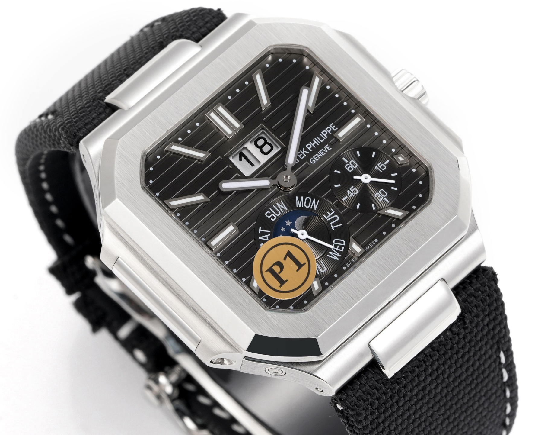 Square Nautilus-inspired 5822 Dark Gray Sunburst Annual Calendar Denim Strap Super Clone