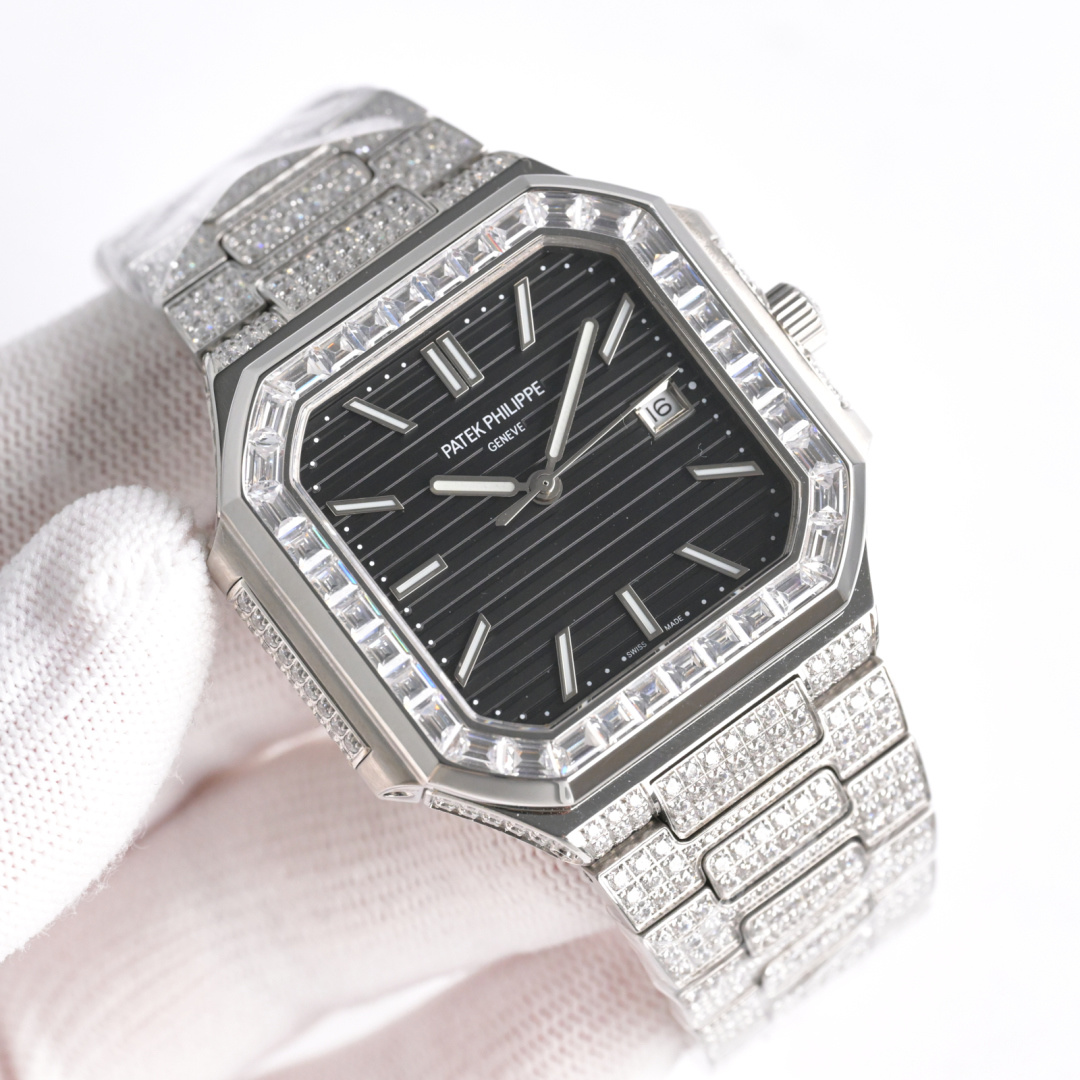 Square Nautilus-inspired 5821 Black Sunburst Full Pavé Diamond Super Clone