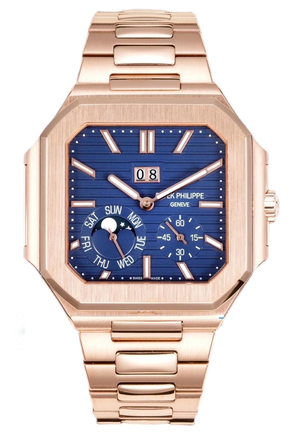 Square Nautilus-inspired 5822 Navy Blue Sunburst Annual Calendar Full Rose Gold Super Clone