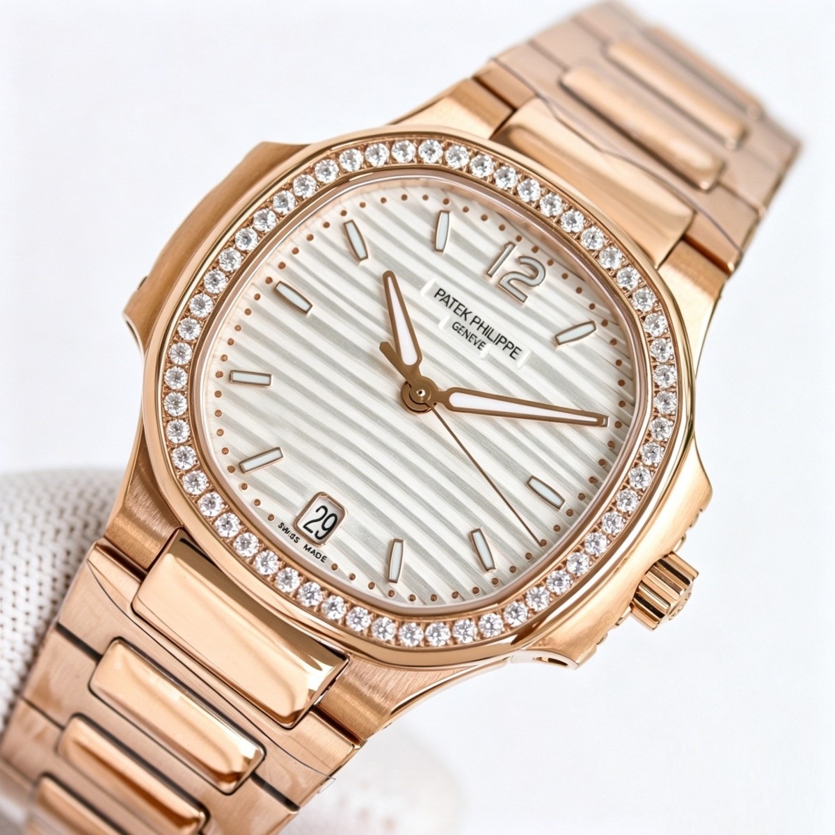 Diamond Bezel Rose Gold Ladies Watch with Silvery Striped Dial | Nautilus-Inspired Radiant Elegance
