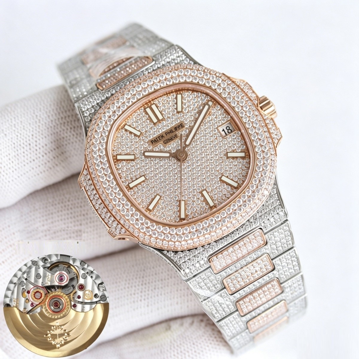 Stainless Steel & Rose Gold Full Diamond Watch – Nautilus-Inspired Racing Grandeur