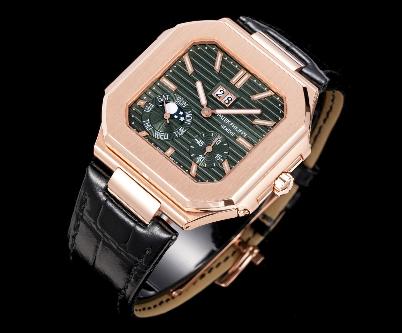 Square Nautilus-inspired 5822 Olive Green Sunburst Annual Calendar Rose Gold Leather Strap Super Clone