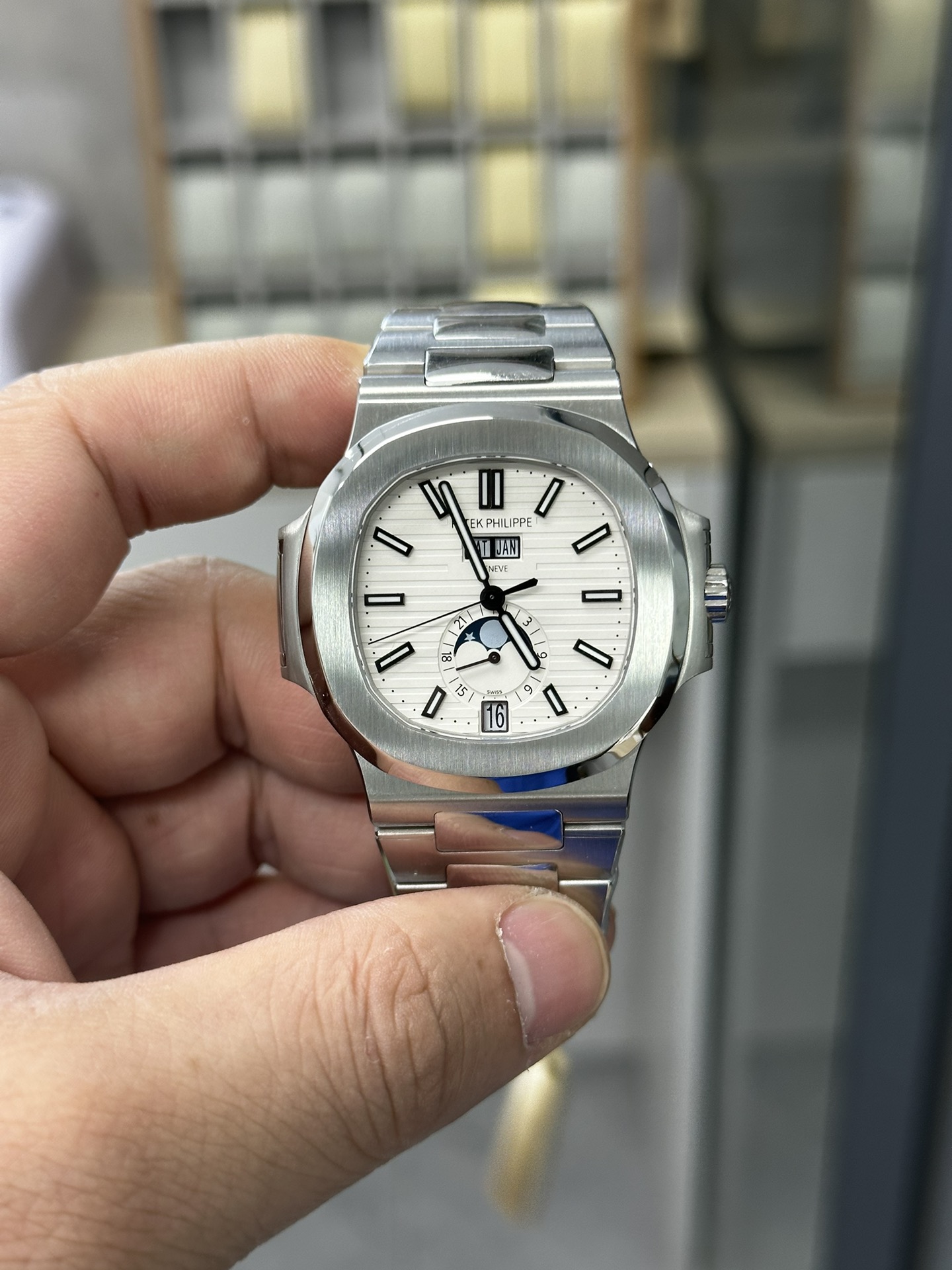5726 1A 010 Super Clone Silver White Dial Annual Calendar Mens Sports Watch