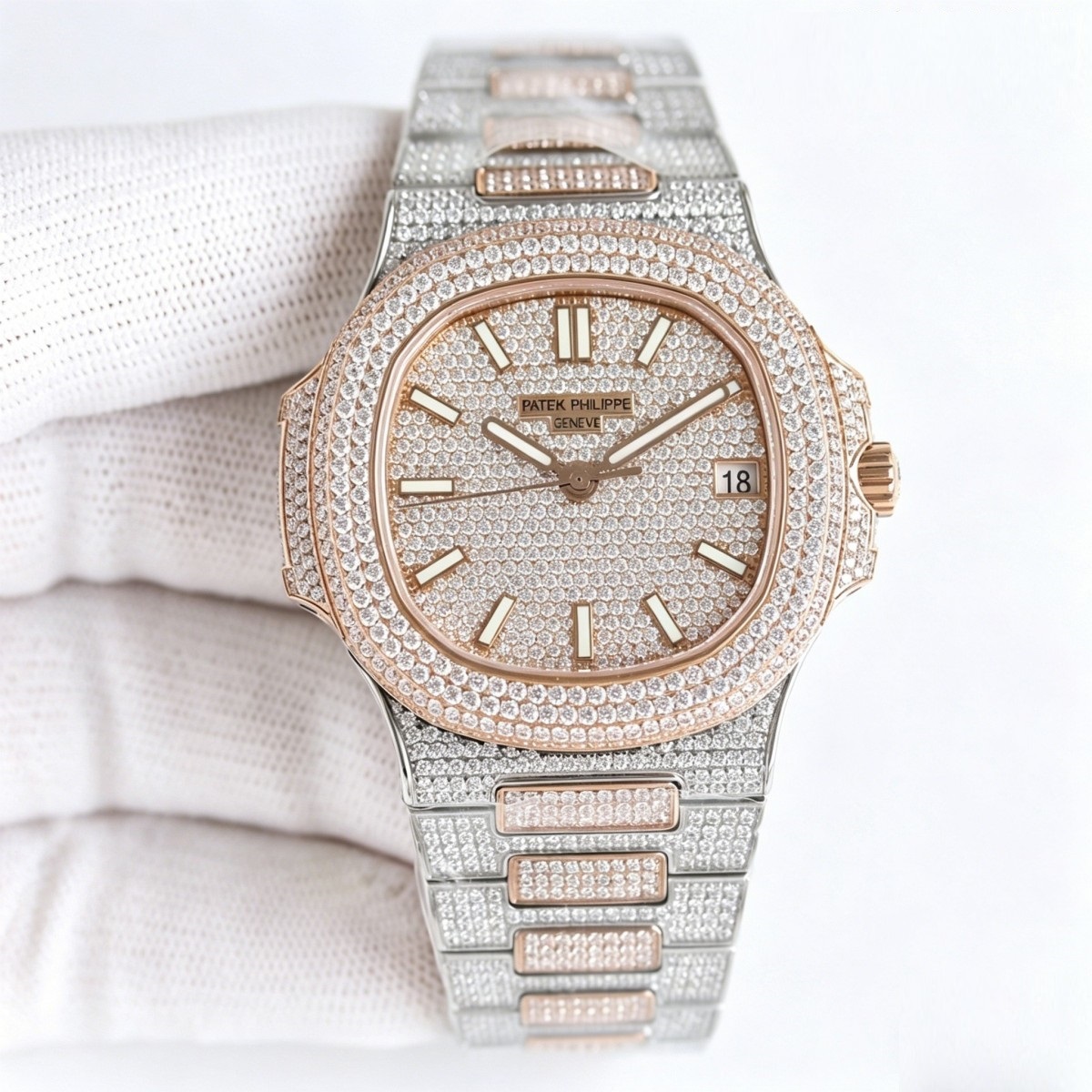 Stainless Steel & Rose Gold Full Diamond Watch – Nautilus-Inspired Racing Grandeur