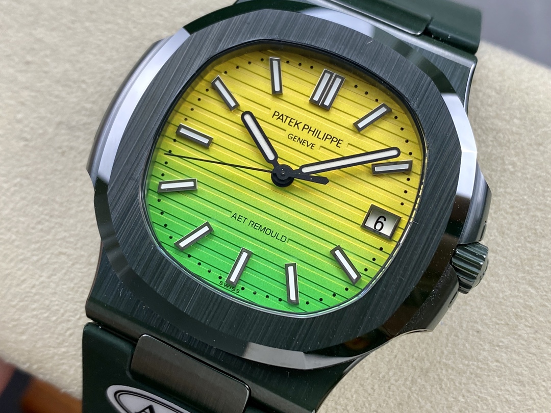 Nautilus 5711 40 Super Clone Fiber Case Yellow‑Green Index Dial Unisex Watch