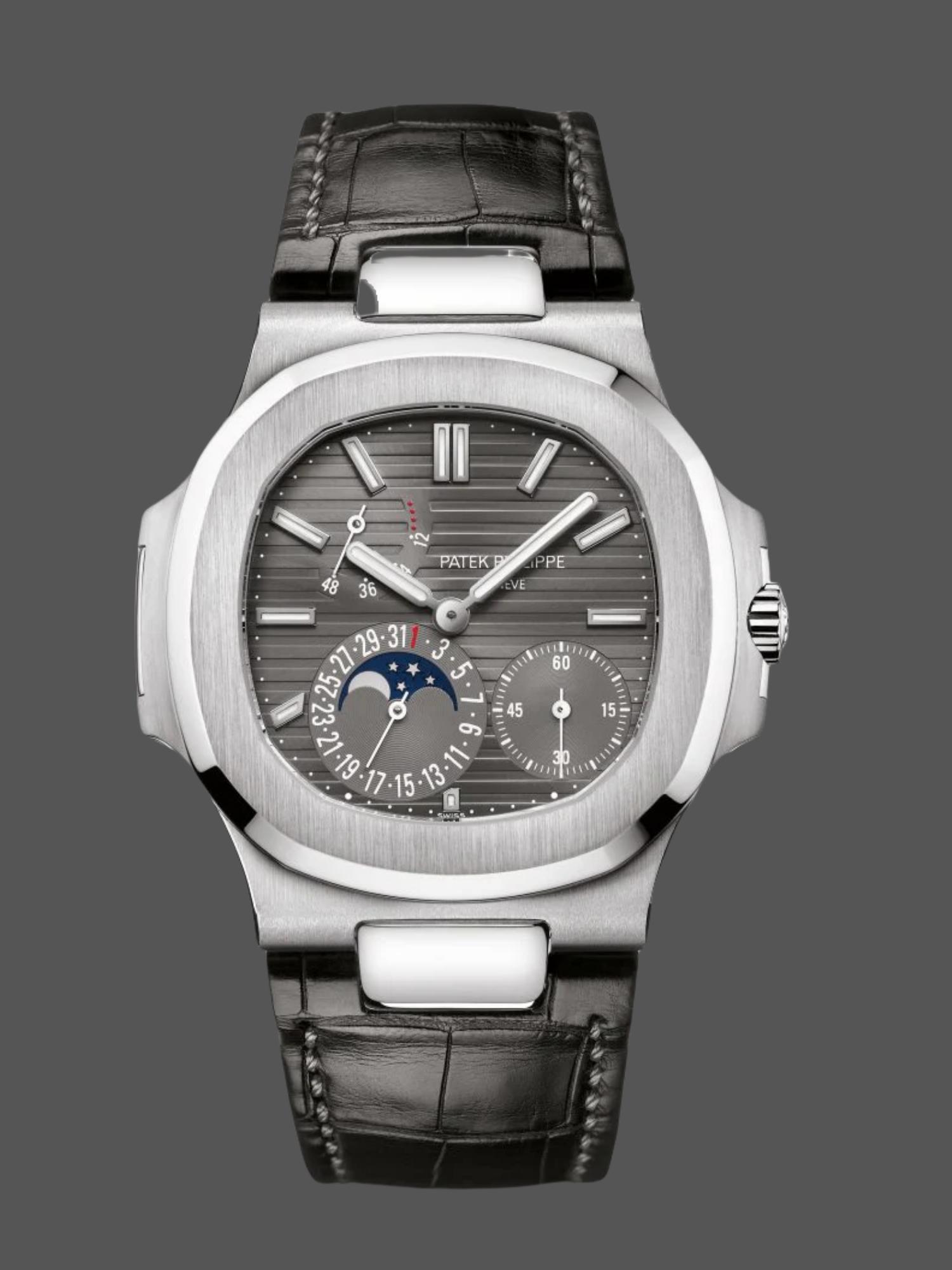 Nautilus 5712G 001 Super Clone 40mm Silver‑Tone Titanium Leather Strap Watch
