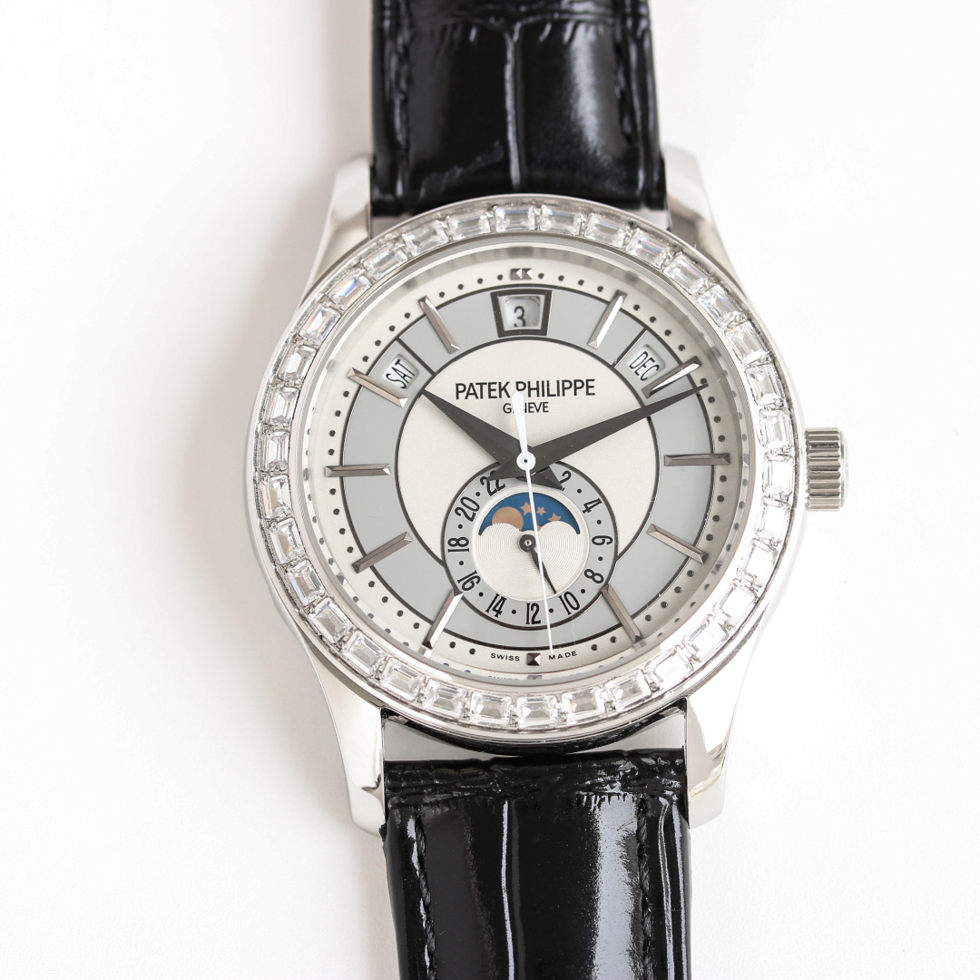 Ivory-Grey Dial Annual Calendar Moonphase with Diamond Bezel | 18K White Gold Racing Elegance