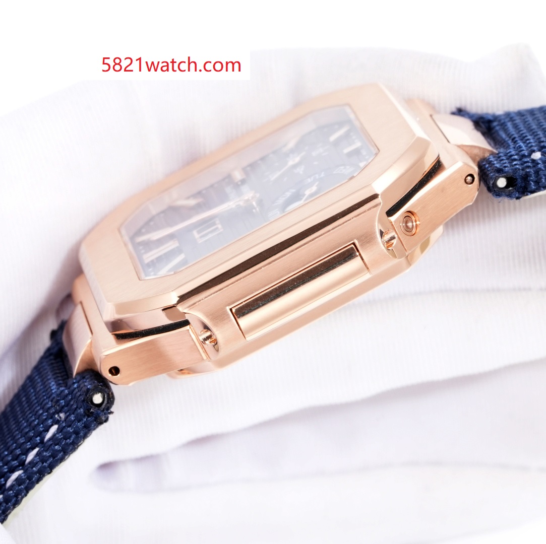 Square Nautilus-inspired 5822 Navy Blue Sunburst Annual Calendar Full Rose Gold Denim Strap Super Clone