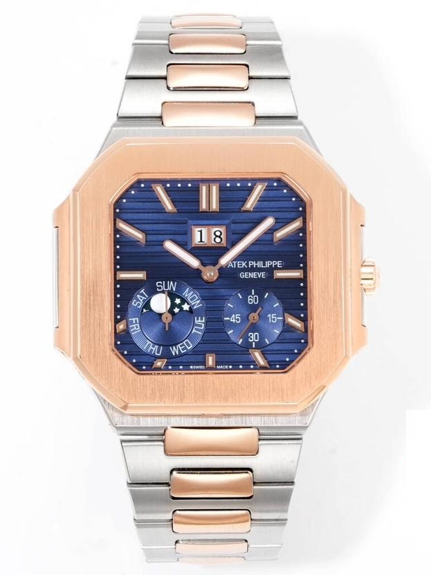 Square Nautilus-inspired 5822 Navy Blue Sunburst Annual Calendar Two-Tone Rose Gold Super Clone