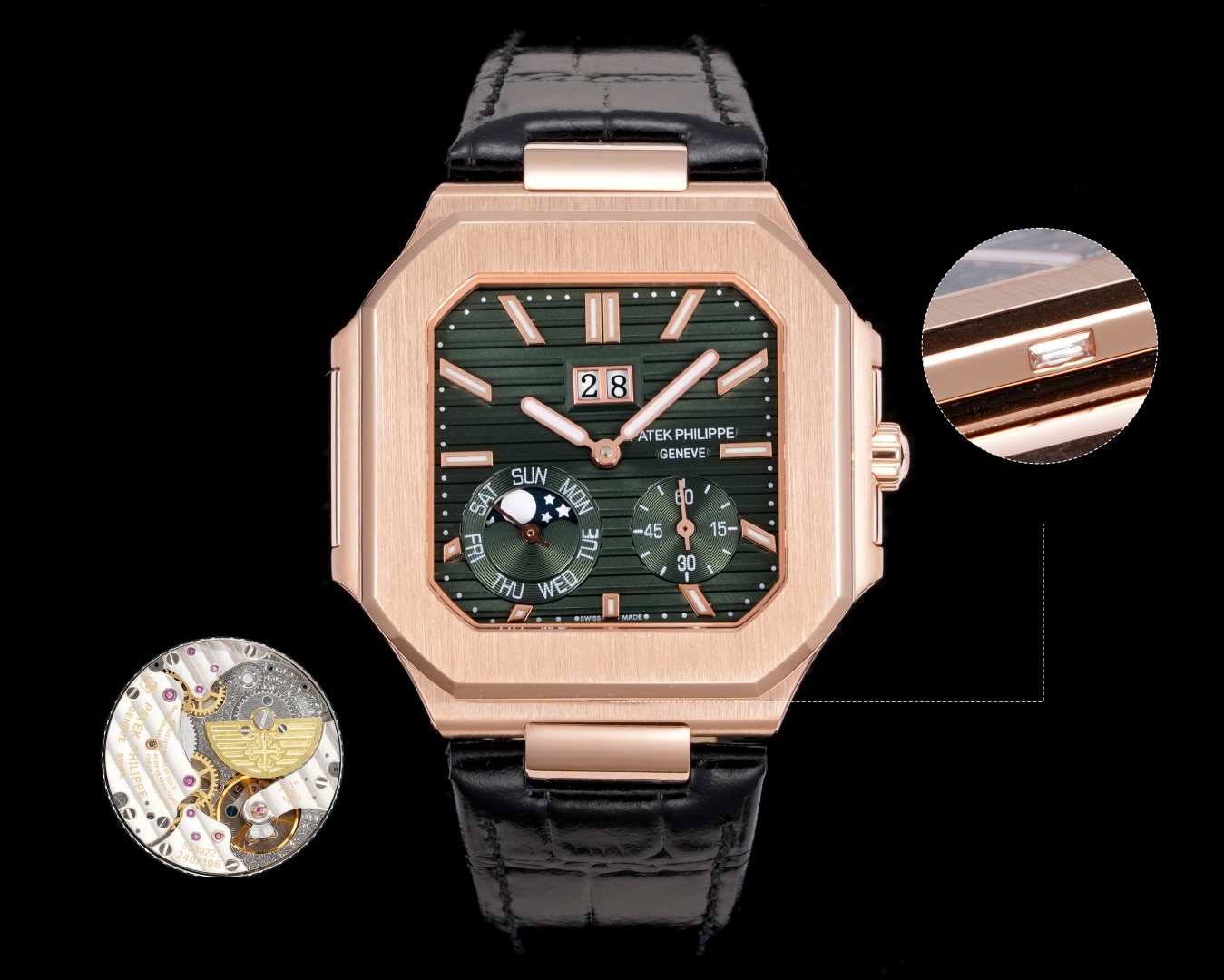 Square Nautilus-inspired 5822 Olive Green Sunburst Annual Calendar Rose Gold Leather Strap Super Clone