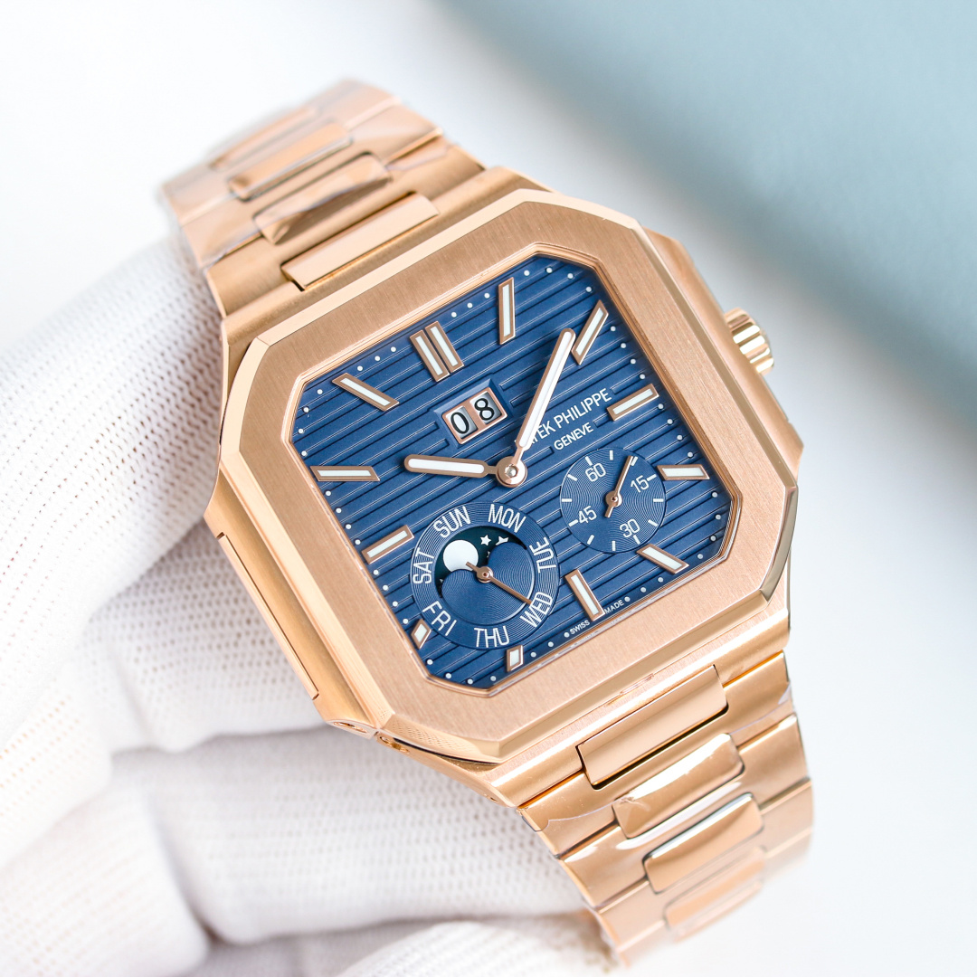 Square Nautilus-inspired 5822 Navy Blue Sunburst Annual Calendar Full Rose Gold Super Clone