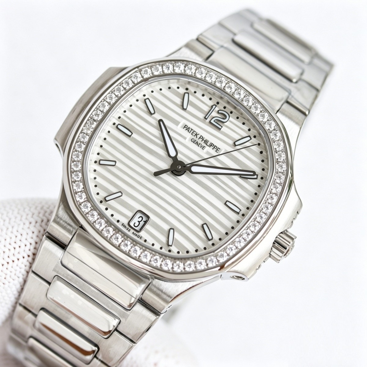 White Gold Diamond Ladies Watch with Silvery Striped Dial | Nautilus-Inspired Modern Haute Joaillerie