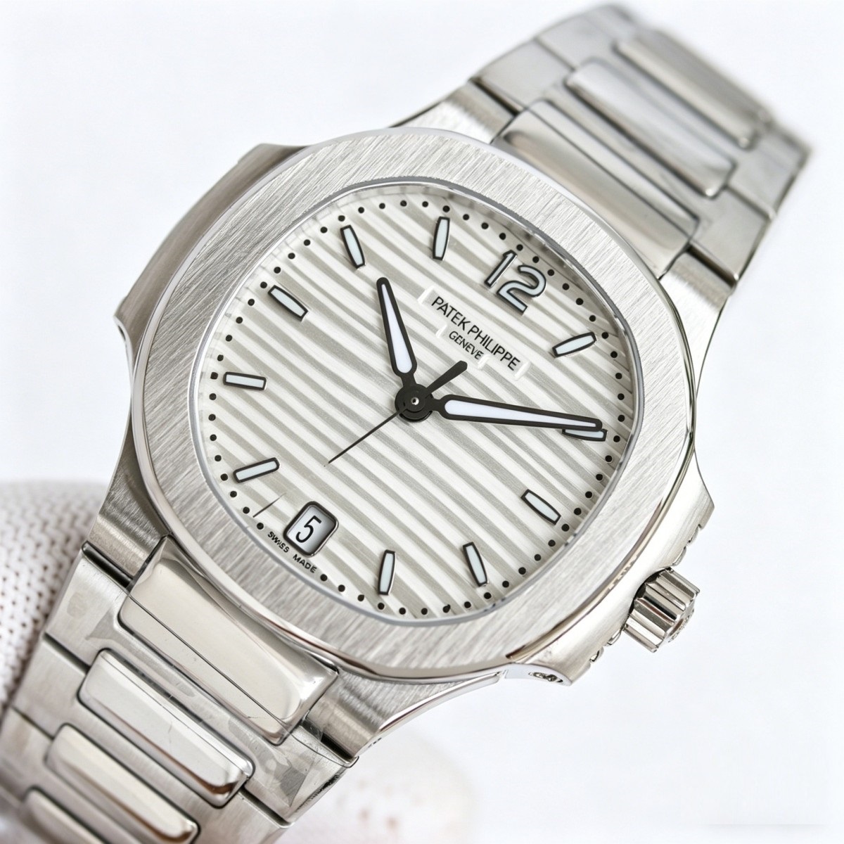 White Gold Ladies' Watch with Silvery Striped Dial - Nautilus-Inspired Minimalist Precision