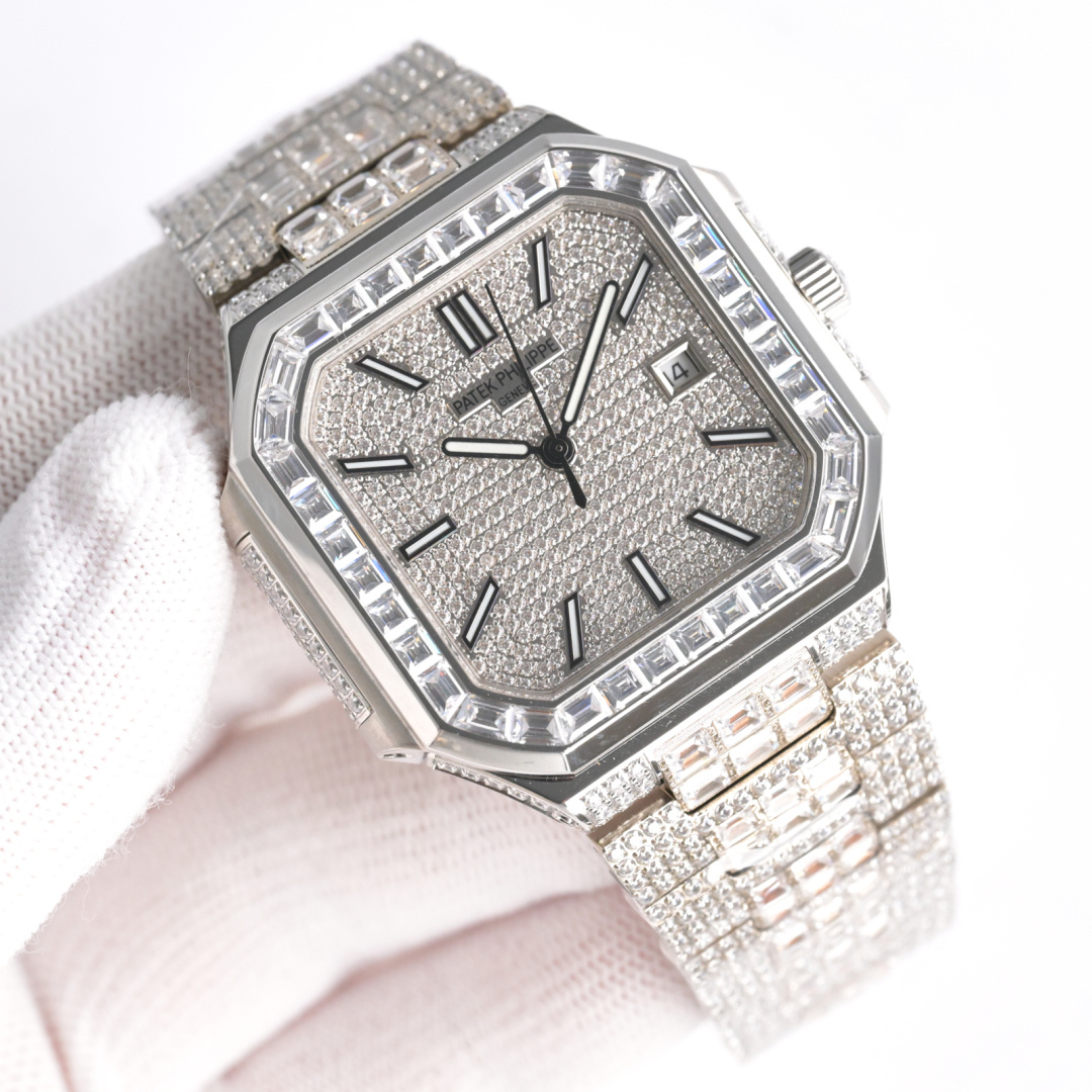 Square Nautilus-inspired 5821 Silver Gray Sunburst Full pavé Diamond Super Clone