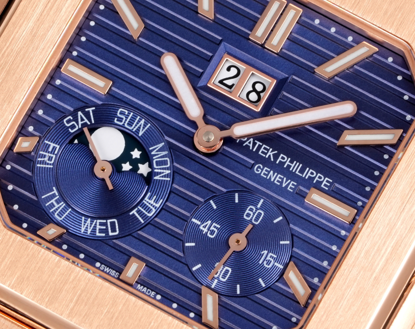 Square Nautilus-inspired 5822 Navy Blue Sunburst Annual Calendar Full Rose Gold Denim Strap Super Clone
