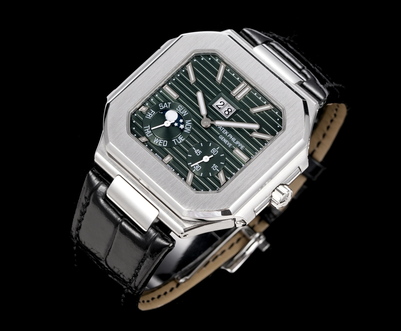 Square Nautilus-inspired 5822 Olive Green Sunburst Annual Calendar Steel Leather Strap Super Clone