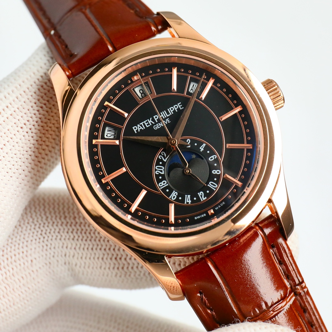 Rose Gold Annual Calendar Moon Phase Watch with Black Opaline Dial | 5205R-010