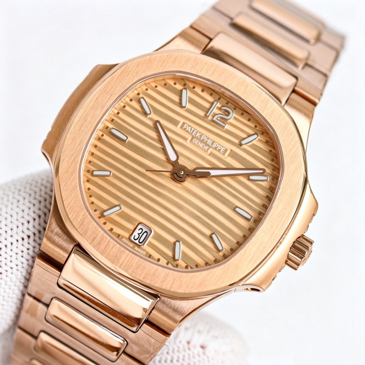 Rose Gold Ladies Watch with Golden Striped Dial | Nautilus-Inspired Warmth Edition