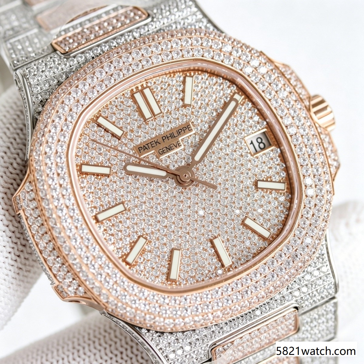 Stainless Steel & Rose Gold Full Diamond Watch – Nautilus-Inspired Racing Grandeur