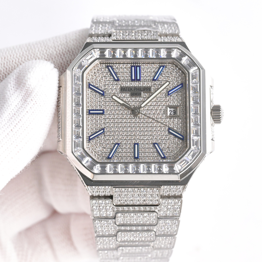 Square Nautilus-inspired 5821 Navy Blue Baguette Diamond Markers Full Pavé Diamond Super Clone