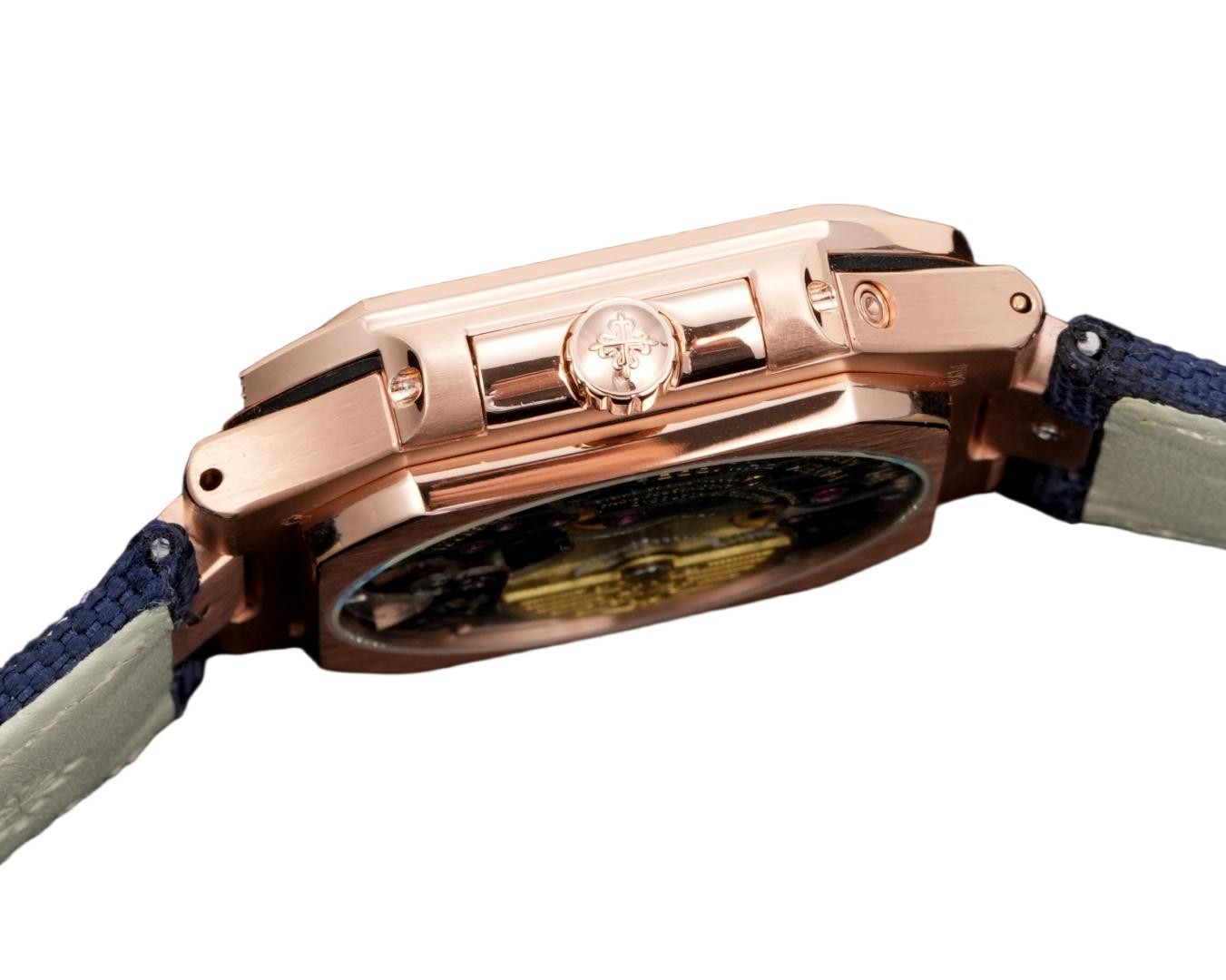 Square Nautilus-inspired 5822 Navy Blue Sunburst Annual Calendar Full Rose Gold Denim Strap Super Clone