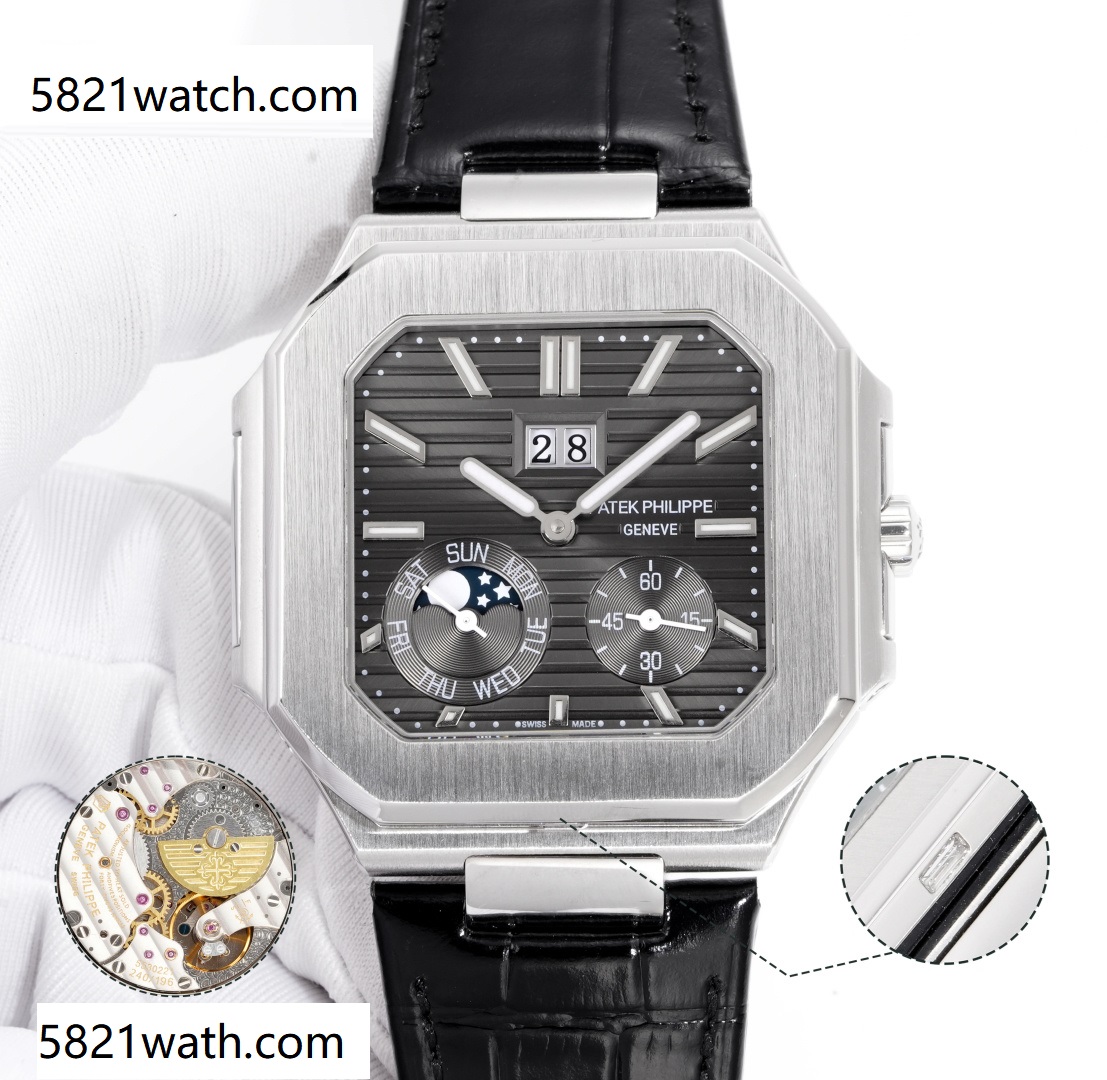 Square Nautilus-inspired 5822 Dark Gray Sunburst Annual Calendar Steel Leather Strap Super Clone