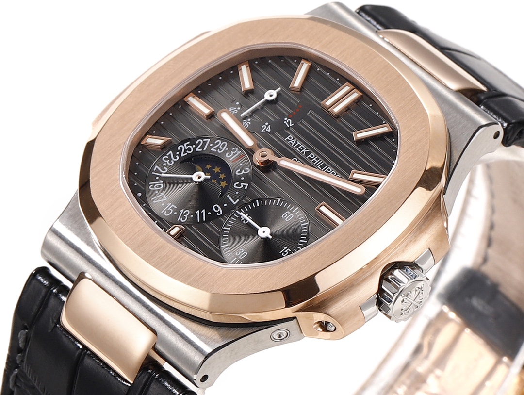 5712GR 001 Super Clone Rose Gold‑Tone Grey Dial Leather Strap Slim Mens Luxury Watch