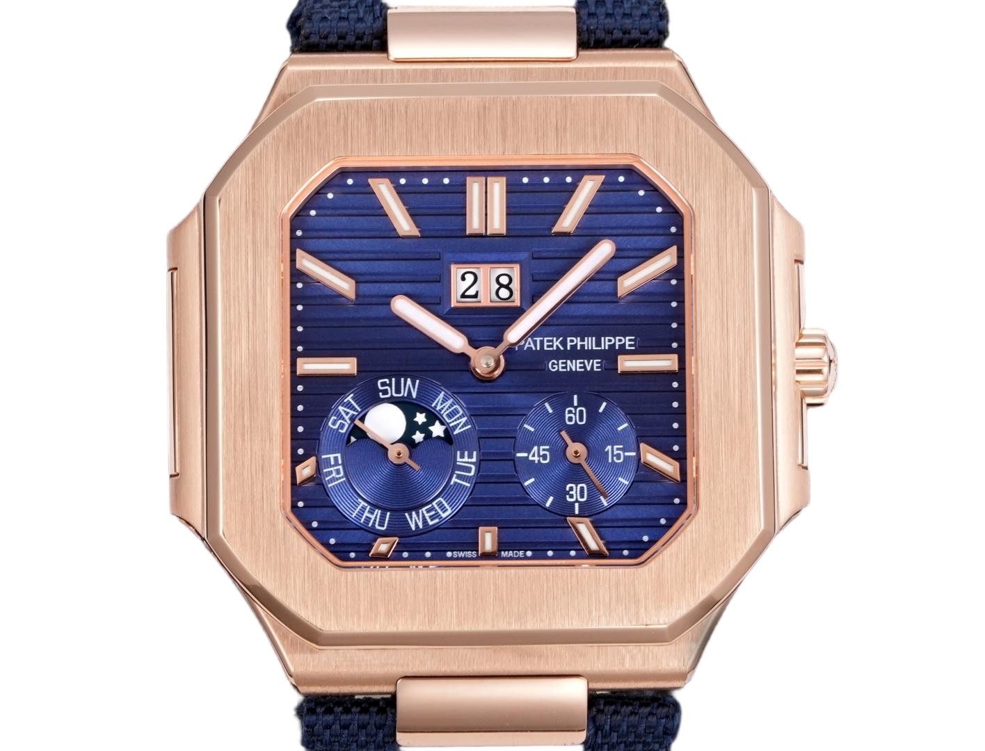 Square Nautilus-inspired 5822 Navy Blue Sunburst Annual Calendar Full Rose Gold Denim Strap Super Clone