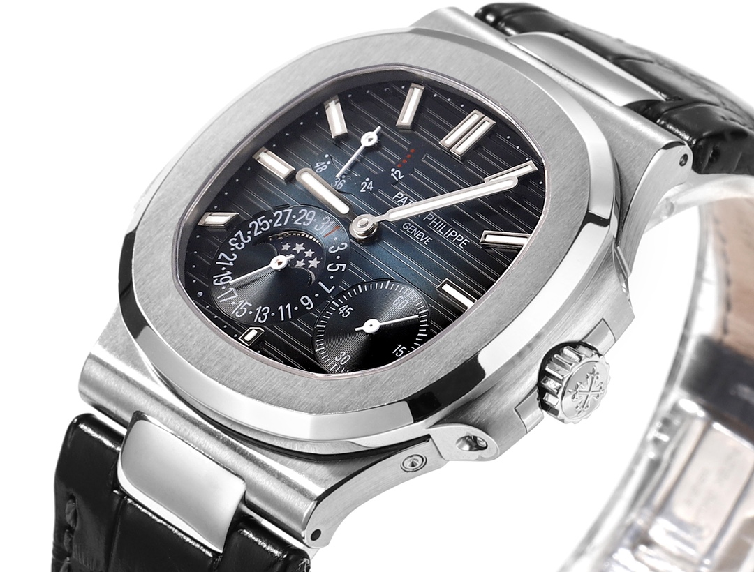 5712GR 001 Super Clone Silver Blue Sunburst Dial Leather Strap Mens Luxury Watch