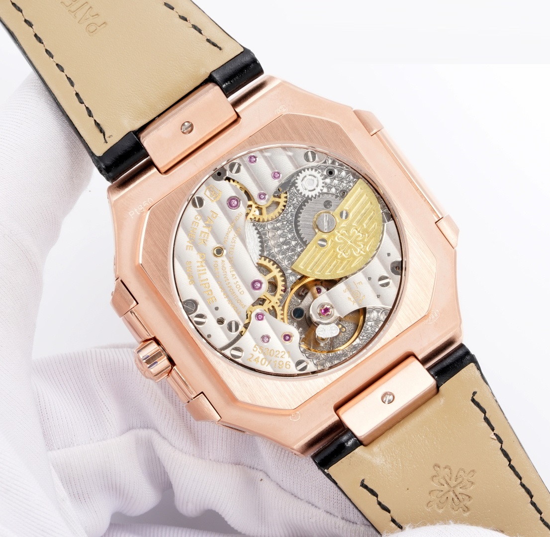 Square Nautilus-inspired 5822 Black Sunburst Annual Calendar Rose Gold Leather Strap Super Clone