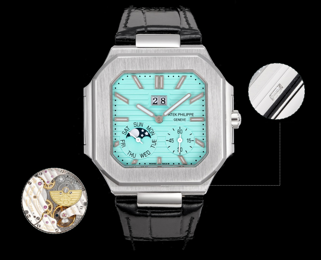 Square Nautilus-inspired 5822 Tiffany Blue Sunburst Annual Calendar Steel Leather Strap Super Clone