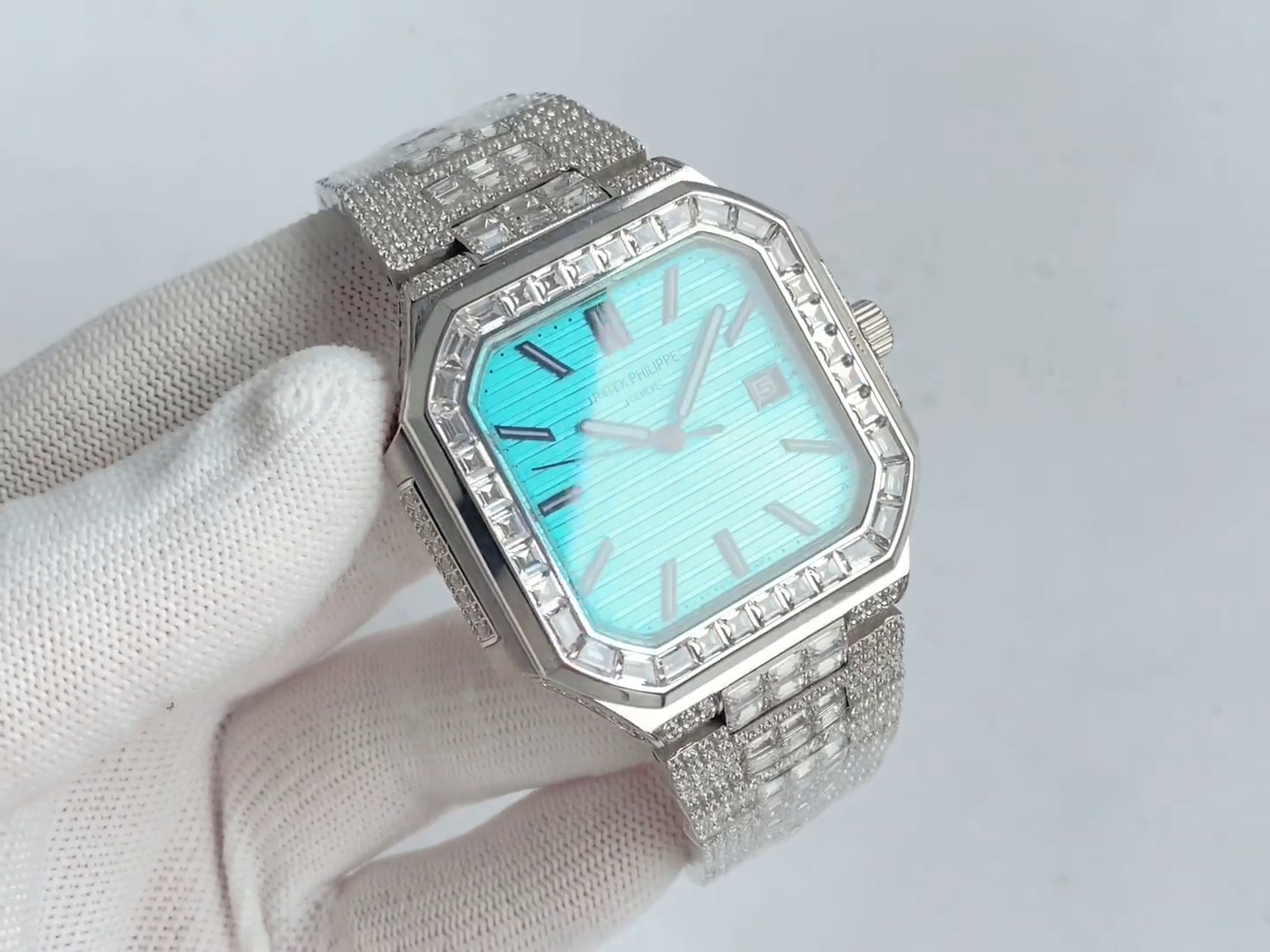 Square Nautilus-inspired 5821 Tiffany Blue Sunburst Full Pavé Diamond Super Clone