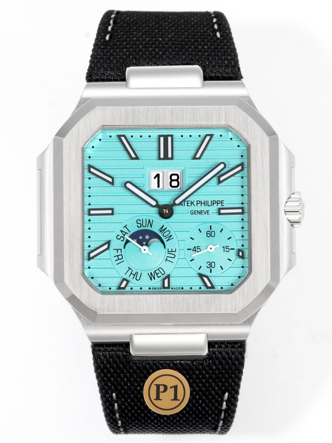 Square Nautilus-inspired 5822 Tiffany Blue Sunburst Annual Calendar Denim Strap Super Clone