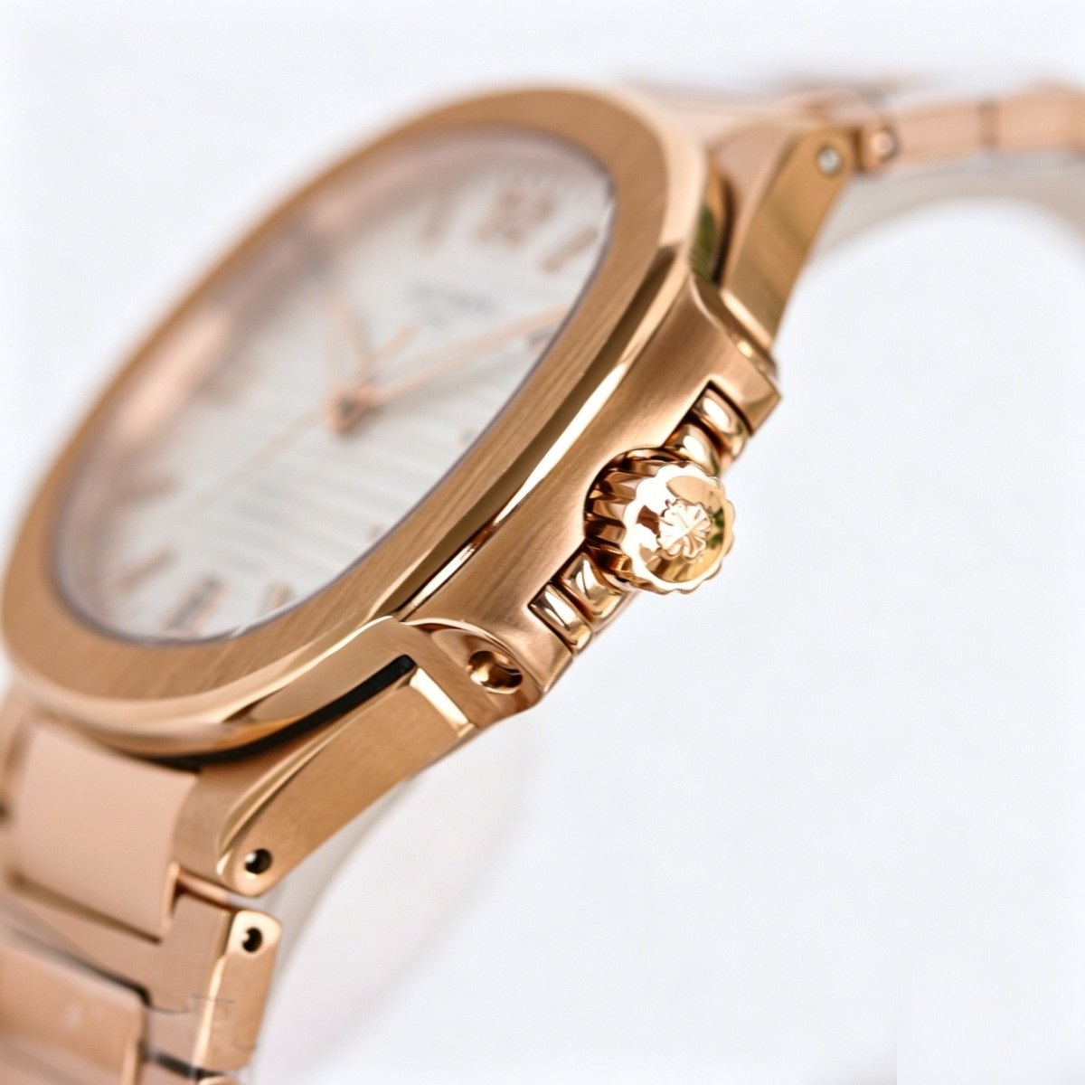 Rose Gold Ladies Watch with Silvery Striped Dial | Nautilus-Inspired Integrated Elegance