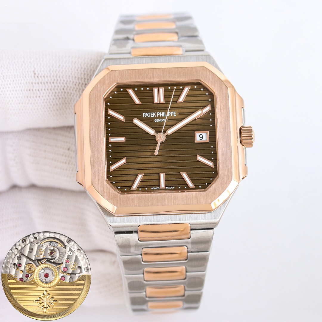 Square Nautilus-inspired 5821 Brown Sunburst Two-Tone Rose Gold Super Clone