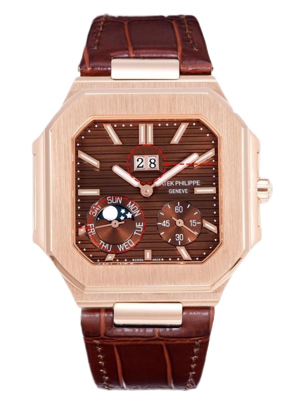 Square Nautilus-inspired 5822 Brown Sunburst Annual Calendar Rose Gold Leather Strap Super Clone