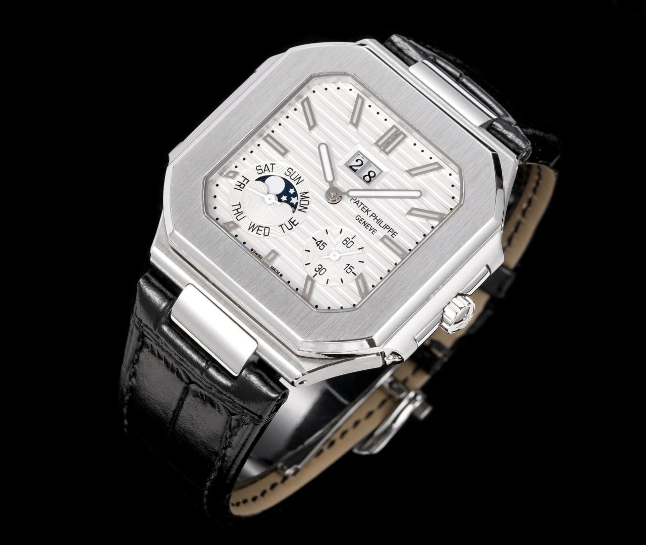 Square Nautilus-inspired 5822 White Sunburst Annual Calendar Steel Leather Strap Super Clone