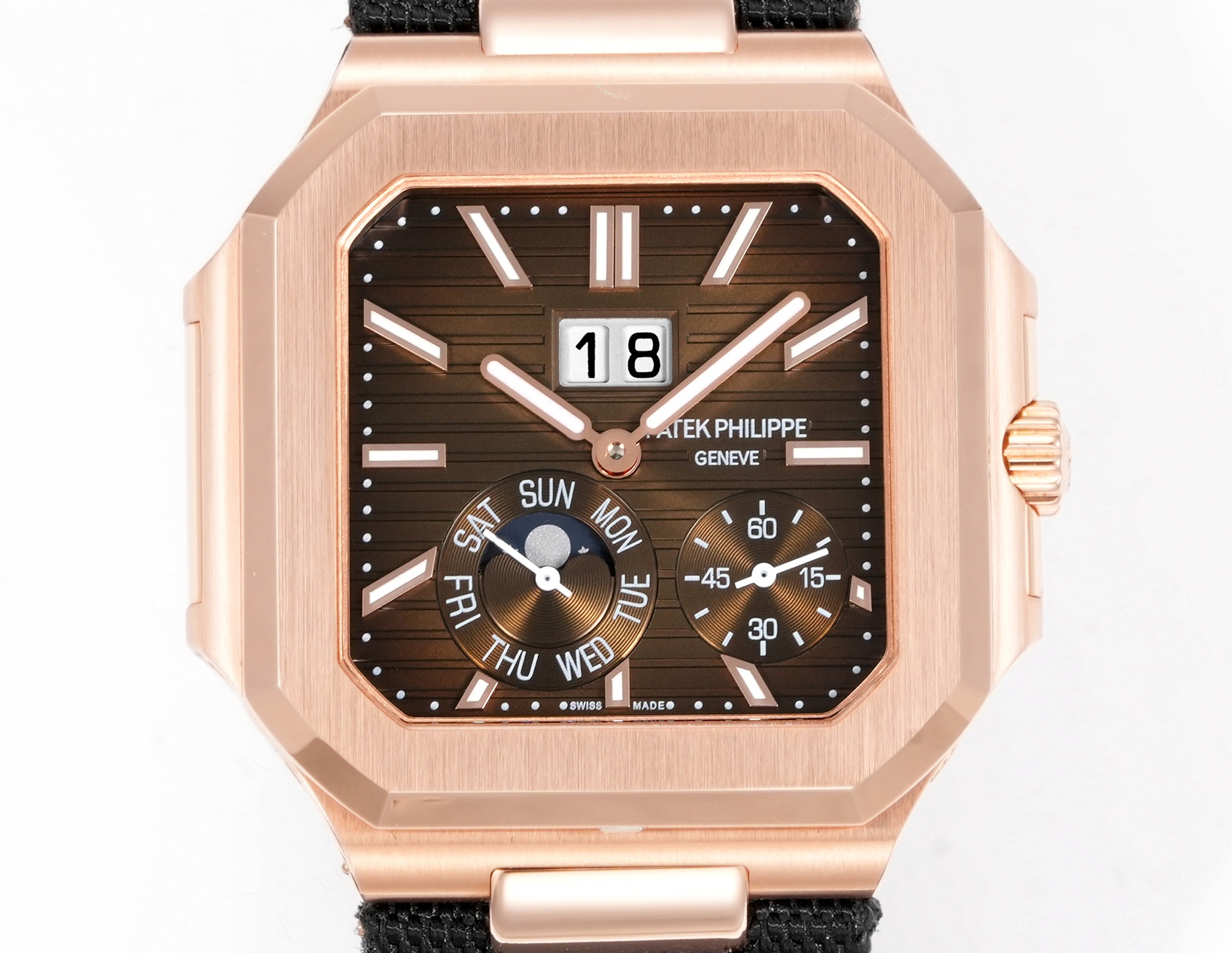 Square Nautilus-inspired 5822 Brown Sunburst Annual Calendar Rose Gold Denim Strap Super Clone