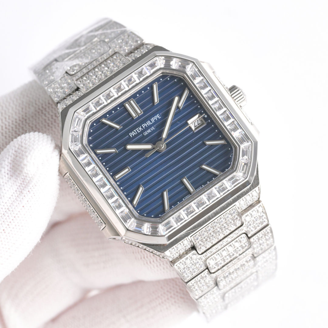 Square Nautilus-inspired 5821 Navy Blue Sunburst Full Pavé Diamond Super Clone
