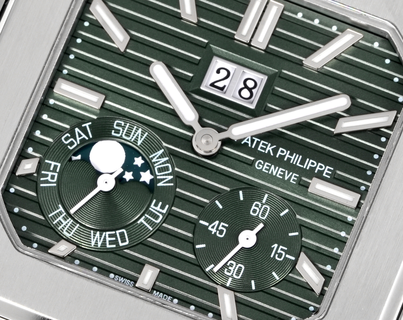 Square Nautilus-inspired 5822 Olive Green Sunburst Annual Calendar Steel Leather Strap Super Clone