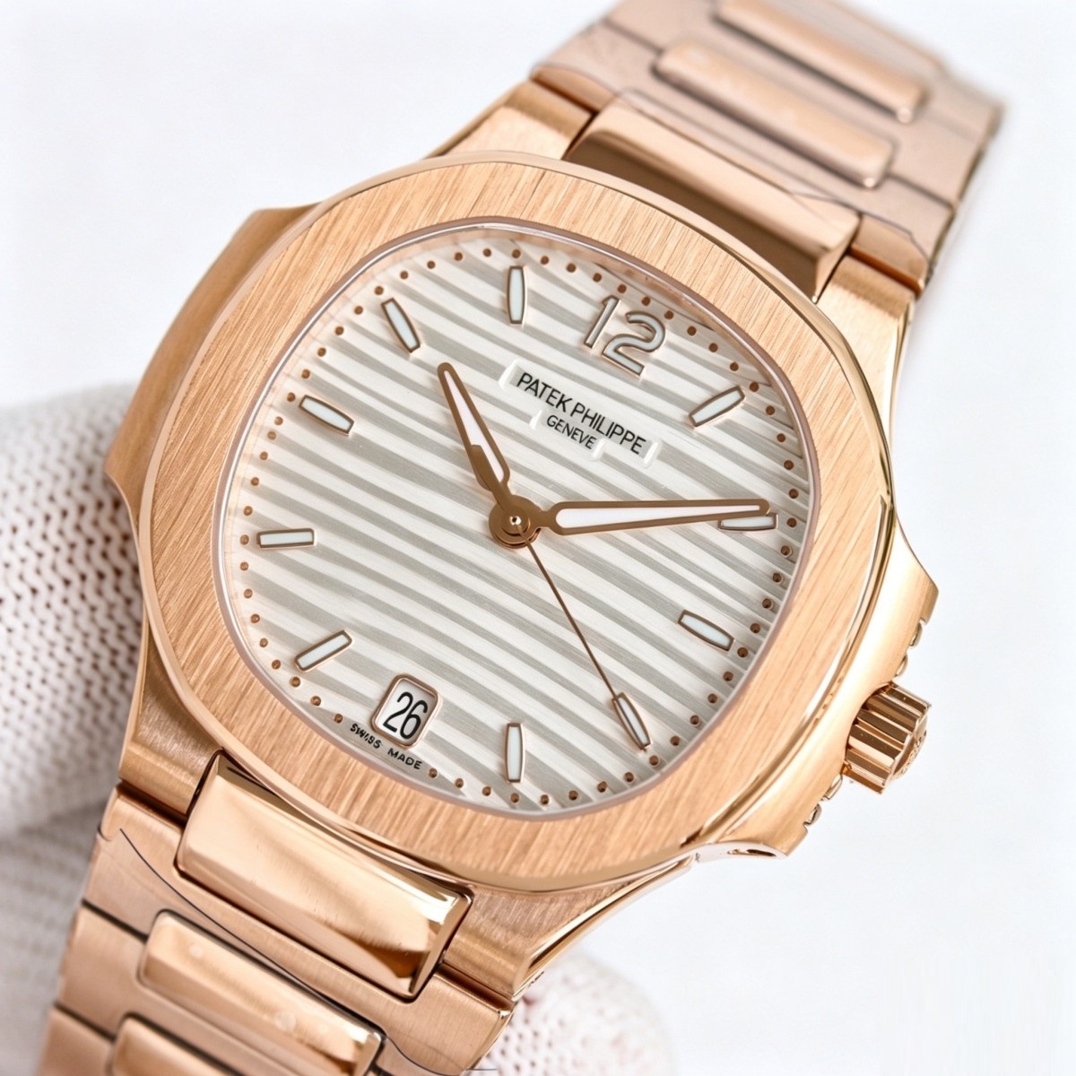 Rose Gold Ladies Watch with Silvery Striped Dial | Nautilus-Inspired Integrated Elegance