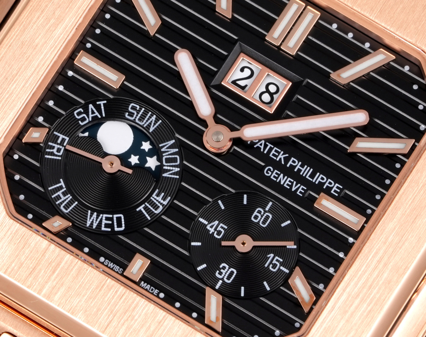 Square Nautilus-inspired 5822 Black Sunburst Annual Calendar Rose Gold Leather Strap Super Clone