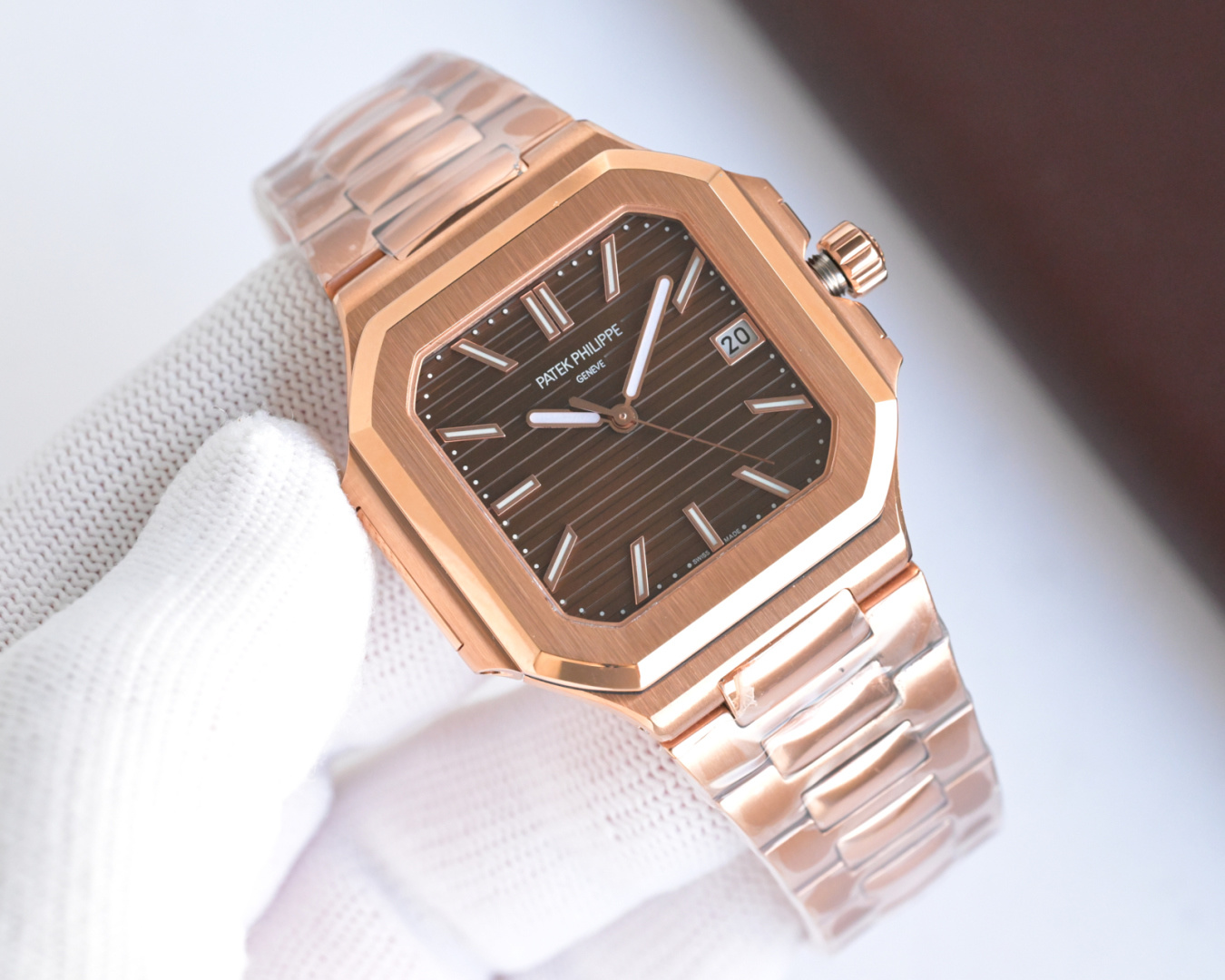 Square Nautilus-inspired 7128 Brown Sunburst Rose Gold Super Clone